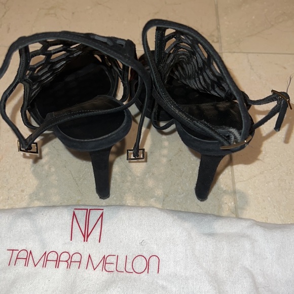 Tamara Mellon black suede laser cut mesh heeled sandals size 38 - Picture 8 of 11